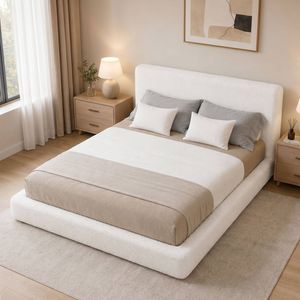 Advwin Queen Bed Frame with Boucle Fabric Headboard 8cm Foam Cushioned White