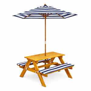 Hide & Seek Kids Picnic Table - Navy & White Umbrella + Cushions