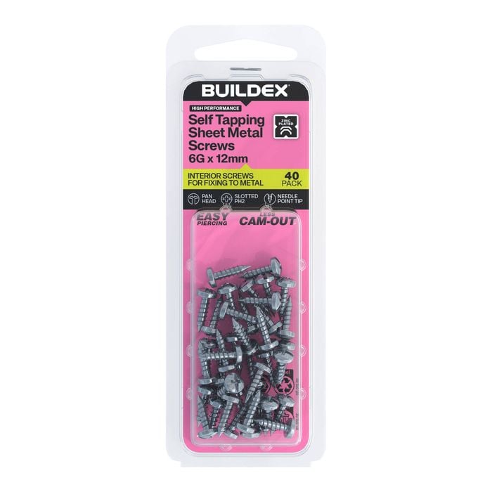 Buildex 6G x 12mm Zinc Plated Self Tapping Sheet Metal Screws - 40 Pack