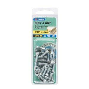 Zenith 3/16" x 15mm Zinc Plated Countersunk Bolt And Nut - 25 Pack