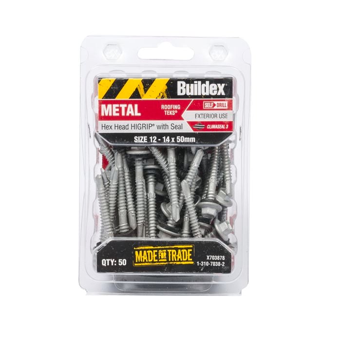 Buildex 12-14 x 50mm Climaseal Hex Head Hi-Grip With Seal Roofing Tek Screws - 50 Pack
