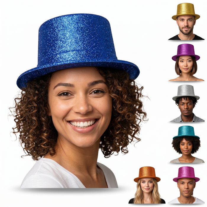 12x Glitter Top Hat Fancy Party Plastic Costume Tall Cap Fun Dress Up Bulk Mixed Colour Pack