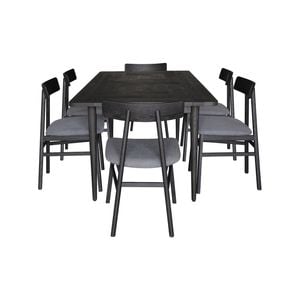 Claire 7pc Dining Set Table 180cm Solid Oak Wood Fabric Seat Chair - Black