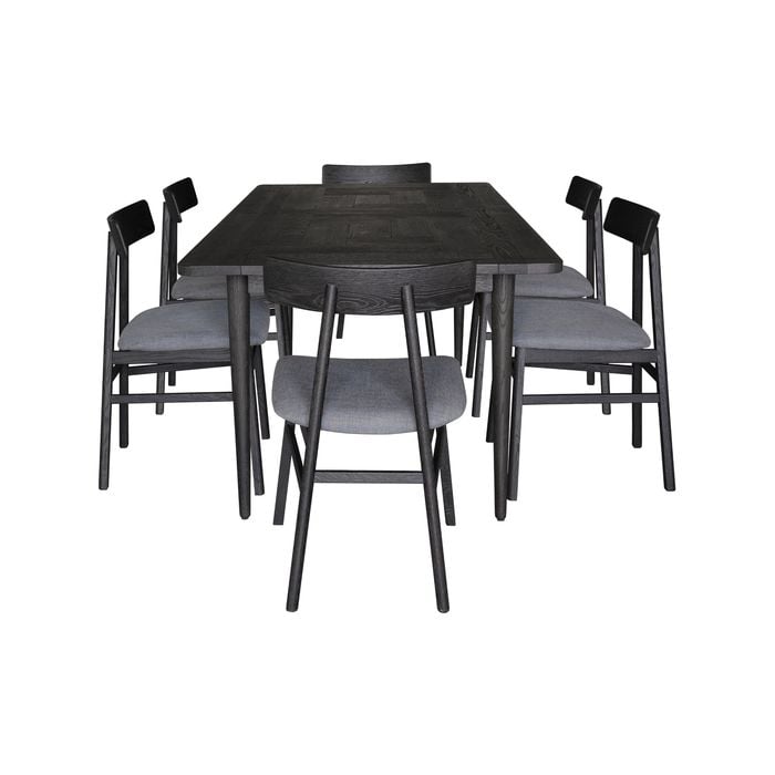 Claire 7pc Dining Set Table 180cm Solid Oak Wood Fabric Seat Chair - Black