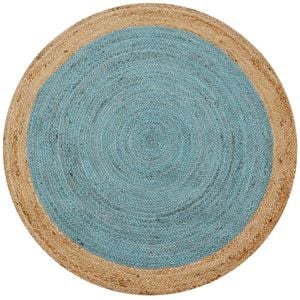 Handwoven Border Round Jute Rug-1147-Natural/Teal Blue-120x120cm