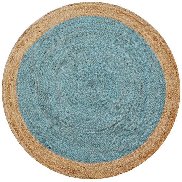 Handwoven Border Round Jute Rug-1147-Natural/Teal Blue-120x120cm