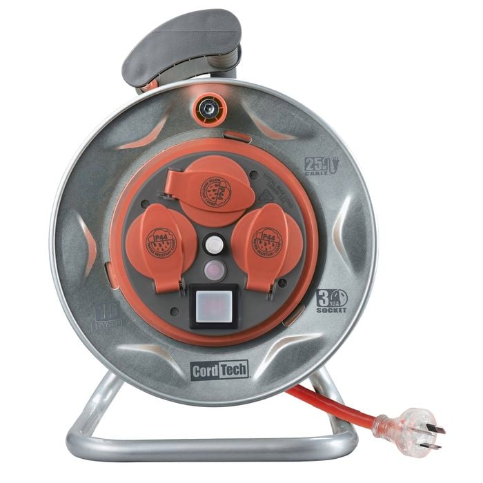 CordTech 25m 3 Socket Heavy Duty Steel Cable Reel
