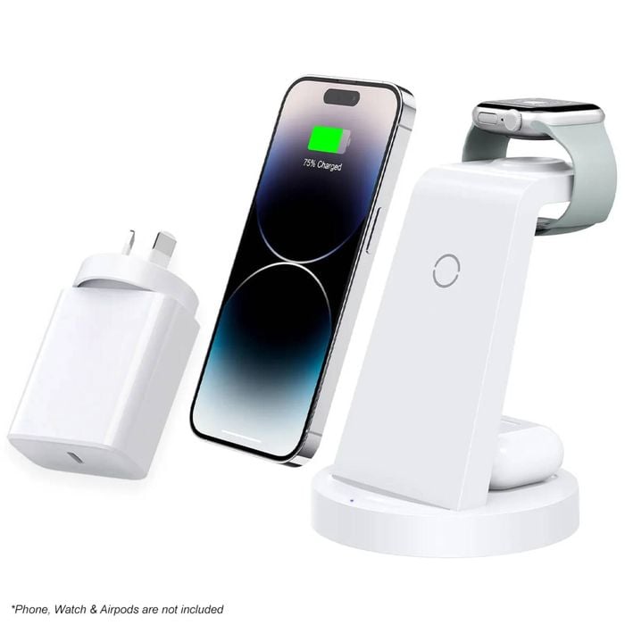 3-in-1 Wireless Charging Station for Apple CW350 White with 20W USB-C Power Adapter