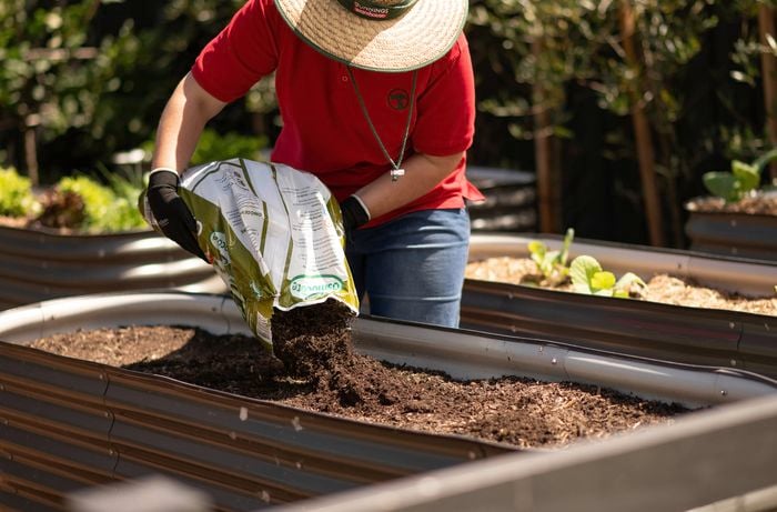 A Bunnings team member is filling the garden bed with Osmocote Compost Premium Soil Improver