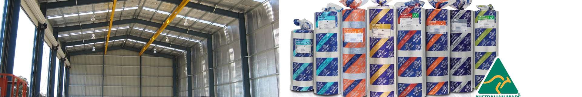 On Left: Tall, empty warehouse containing two cars and a lift. On Right: Rolls of insulation