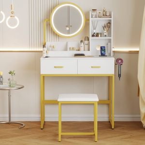 Advwin Dressing Table Makeup Vanity Desk Stool With Led Light&charging Station Rotating Mirror White&golden