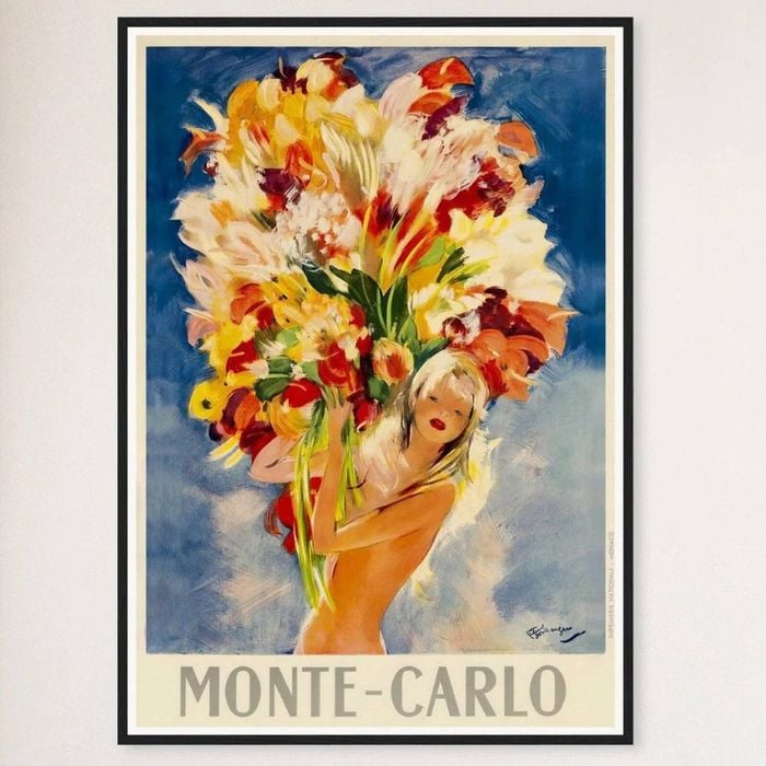Galrie Monte Carlo Vintage Travel Poster with Bouquet of Flowers Art for Home Décor, Black Frame, A0 84 x 119cm (33 x 47inch)