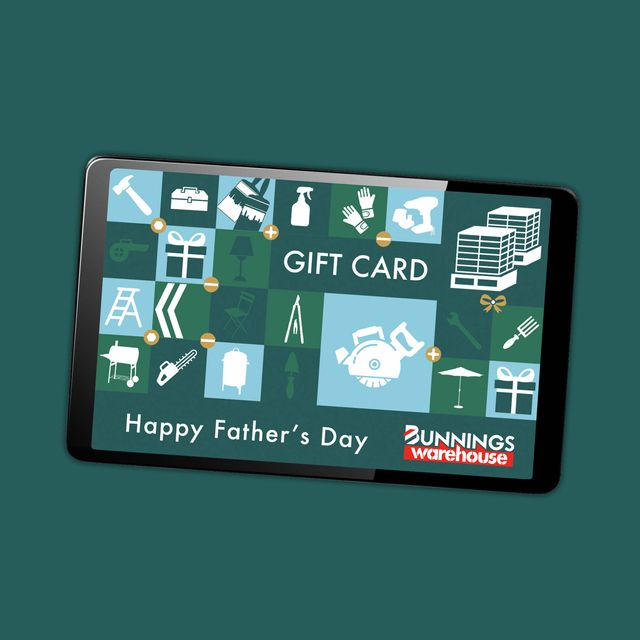 Bunnings Warehouse Father's Day eGift card displayed on a tablet against a teal background. The gift card design features icons of tools, hardware, gardening and home improvement products in a grid pattern, with the text "GIFT CARD" and "Happy Father's Day" and the Bunnings Warehouse logo in the bottom right corner.