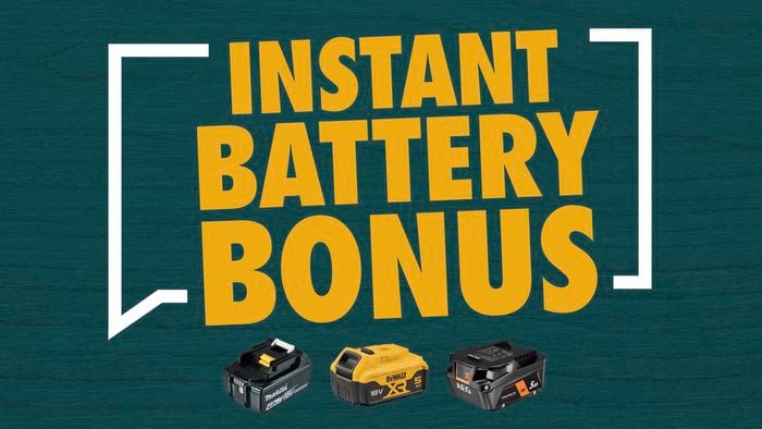 Instant Battery Bonus promotion with bold yellow text on Bunnings Green brick background and three s tool batteries (Makita, DeWALT and AEG) displayed at the bottom.