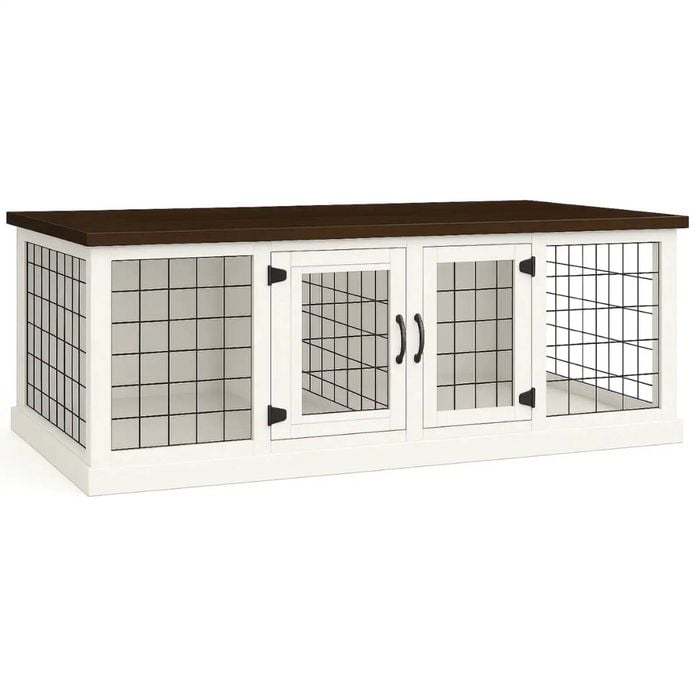 Paws and Willow Double Arctic White with Espresso Top Wooden Dog Crate Hinged Door with Mesh