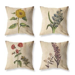 Catzon 4 Pcs Vintage Floral Pillow Covers Cotton Linen Pillowcases for Couch-C