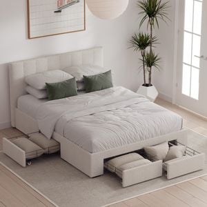 Ormond King Ivory White Boucle Bed Frame with Four Extra Large Drawers