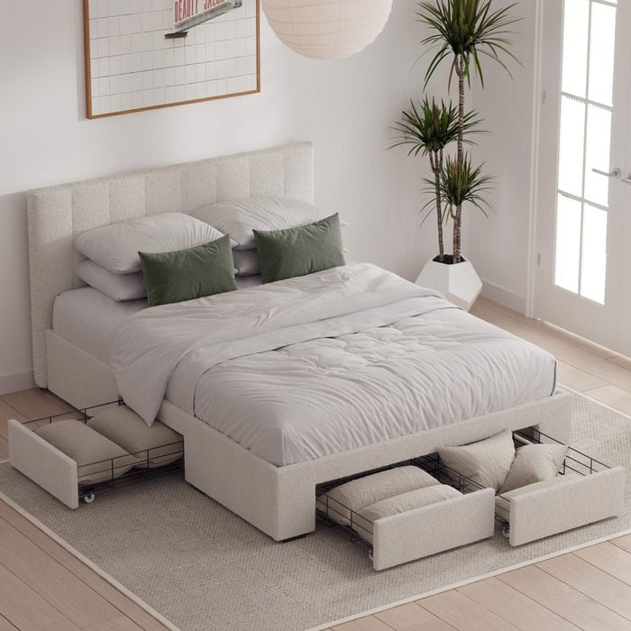 Ormond King Ivory White Boucle Bed Frame with Four Extra Large Drawers