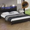 Oikiture Bed Frame King Size with Charging Station & LED Storage Bookcase