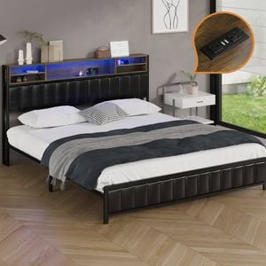 Oikiture Bed Frame King Size with Charging Station & LED Storage Bookcase