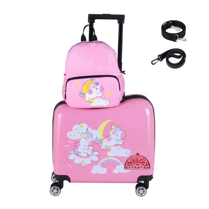 Costway 2pc Kids Ride-on Luggage Set 50+30cm Backpack Travel Trolley Suitcase Pink