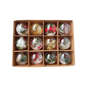 Catzon 12 Pcs Clear Christmas Balls Filled with Feather Berries Ribbons for Xmas Party Wedding-Set 1