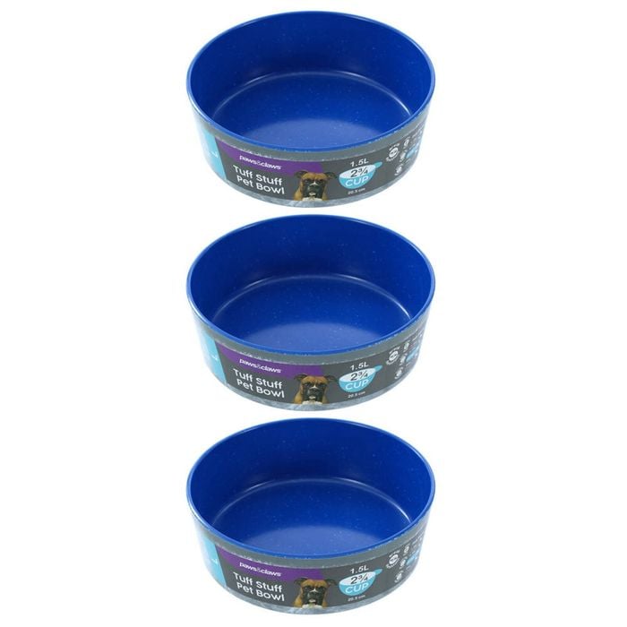 3x Paws & Claws Tuff Stuff Pet Dog Bowl 1.5L/20.5cm Blue Large