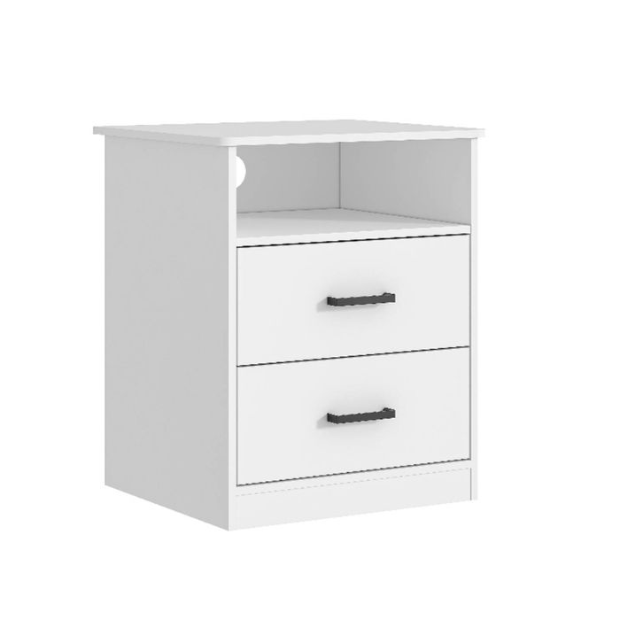 Cosmoliving White Bedside Table 2 Drawer with Cable Hole Storage Nightstand