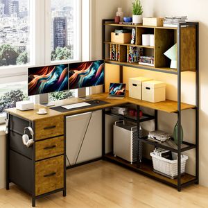 Advwin L Shaped Gaming Desk with LED Lights Reversible 148cm Computer Desk with 3 Drawers and Bookshelf Walnut