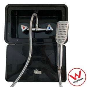 Black External Caravan Shower Box Watermarked also suits Camper Trailer, Boat RV