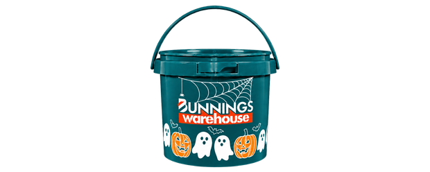 Bunnings Halloween bucket with images of ghost and pumpkins on it.