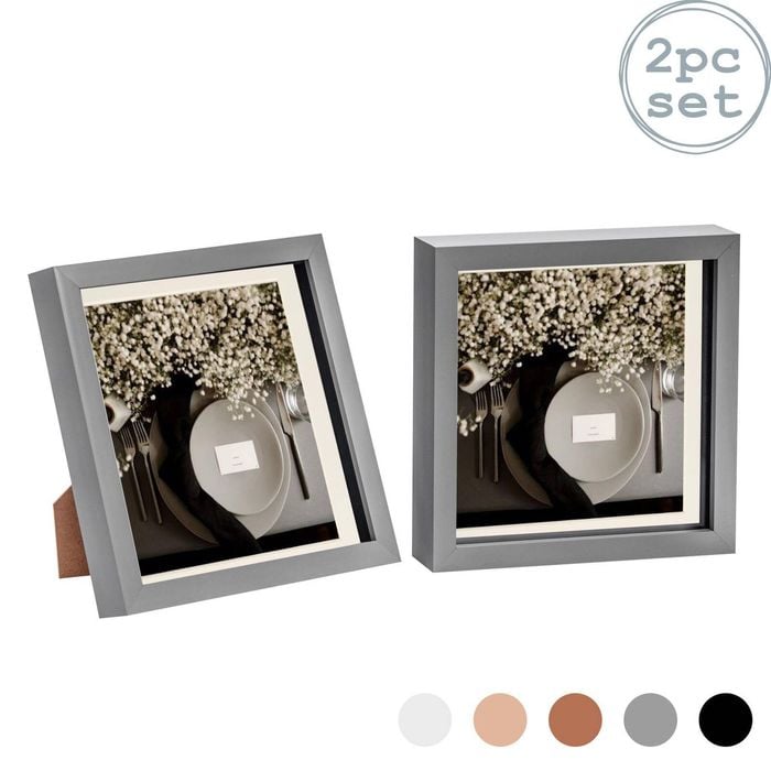 Nicola Spring Acrylic 3D Box Photo Frames with 6" x 6" Mounts - 8" x 8"  - Grey - Pack of 2