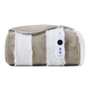 Dreamaker Denver Carved Stripe Premium Faux Fur Electric Heated Throw Blanket Natural 130x160cm | Overheat Protection & Washable