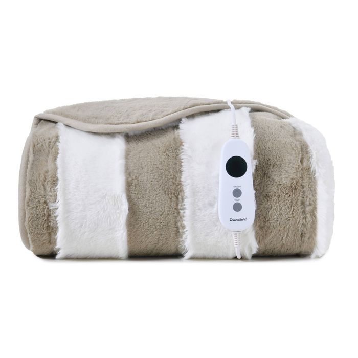 Dreamaker Denver Carved Stripe Premium Faux Fur Electric Heated Throw Blanket Natural 130x160cm | Overheat Protection & Washable