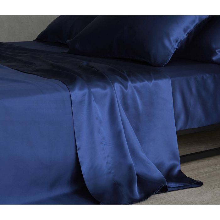 Bedding Co. Flat Sheet 100% Mulberry Silk 20 Momme Navy Blue Queen