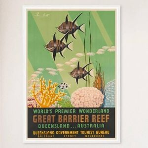 Galrie Vintage Great Barrier Reef Travel Poster from Queensland Australia Artwork, White Frame, A1 60 x 84cm (23 x 33inch)