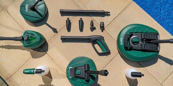 Gerni accessories and products laid out next to pool