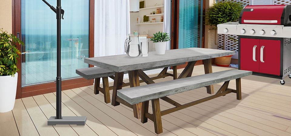 Deck with BBQ, outdoor table and bench seats