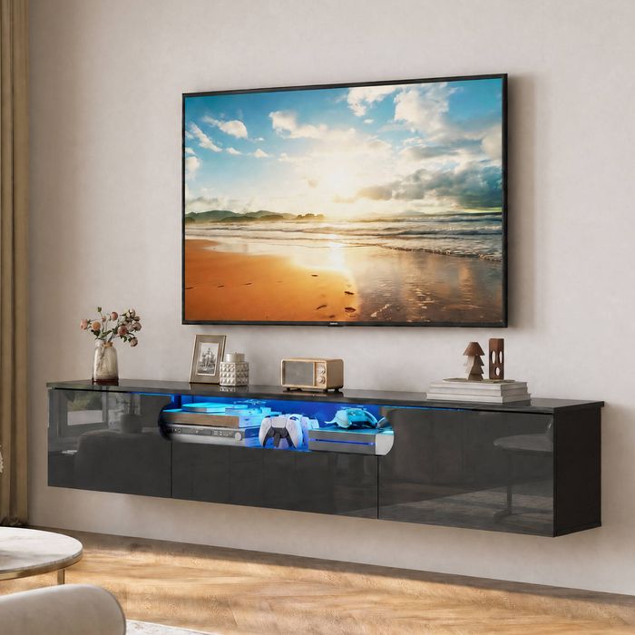 Advwin 160cm LED TV Unit Cabinet High Gloss Wall-Mounted TV Entertainment Stand Black