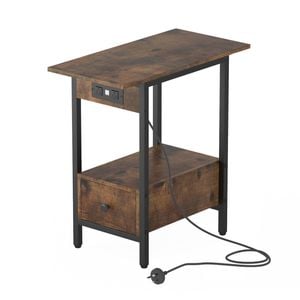 Advwin Side Table Sofa End Table w/ Charging Station & Drawer Narrow Bedside Table Walnut