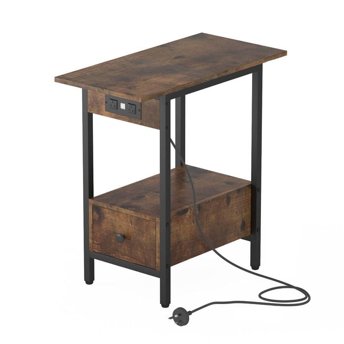 Advwin Side Table Sofa End Table w/ Charging Station & Drawer Narrow Bedside Table Walnut