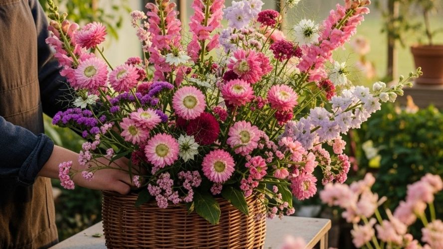 olourful arrangement of pink, purple and white flowers in a wicker basket, being styled on a table in a garden.