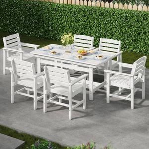 Homfurn All Weather Outdoor Table Set, Dining Set With An Umbrella Hole, 1 Table And 6 Chairs For Lawn, Garden, Poolside, White