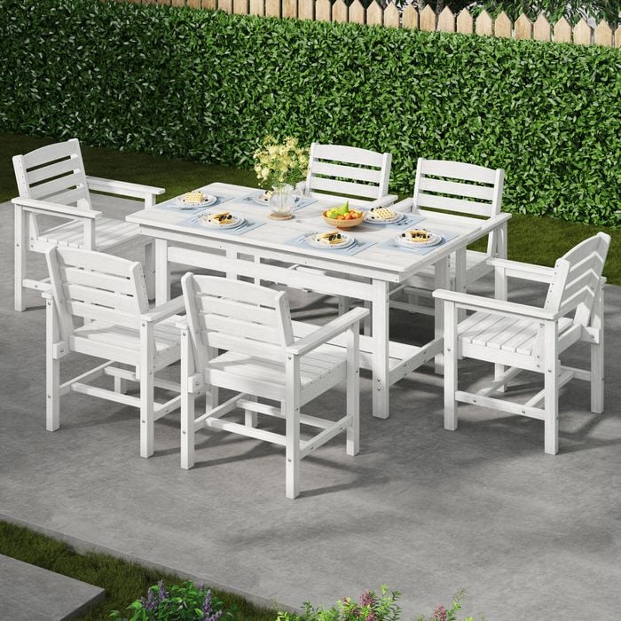 Homfurn All Weather Outdoor Table Set, Dining Set With An Umbrella Hole, 1 Table And 6 Chairs For Lawn, Garden, Poolside, White