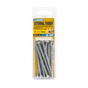 Zenith 10 - 8 x 75mm Galvanised Countersunk Rib Head External Timber Screws - 10 Pack