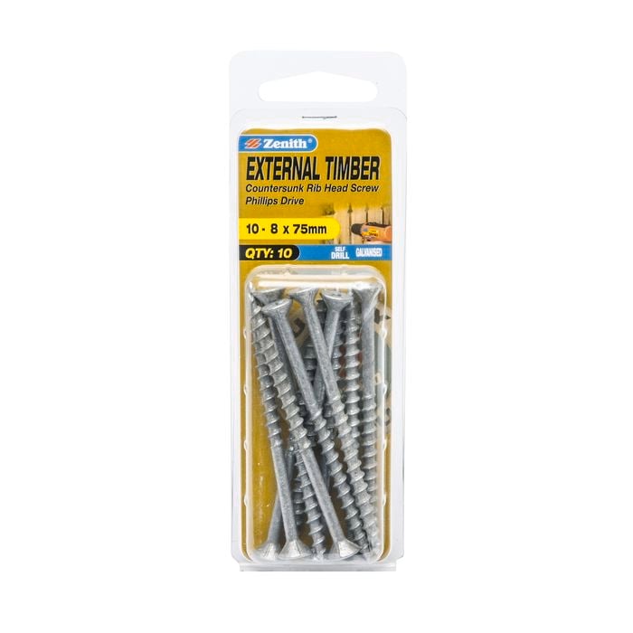 Zenith 10 - 8 x 75mm Galvanised Countersunk Rib Head External Timber Screws - 10 Pack