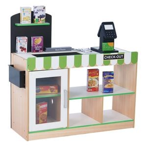 Teamson Kids Cashier Austin Interactive Play Checkout Counter Stand with 26 Accessories, Green/White/Natural Wood