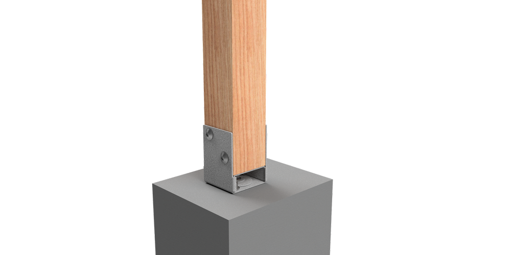 A 90mm
  timber post installation utilising a VUEPRO Tradies' Bolt Down Post Support
  (I/N 0182347)