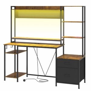 Ufurniture 165cm LED Gaming Desk with Power Outlets & Monitor Stand Convertible Computer Table Walnut