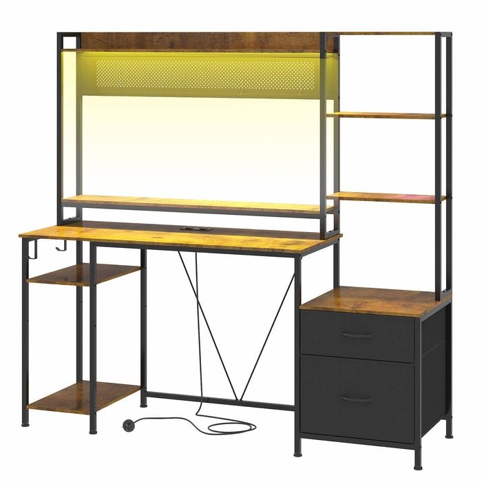 Ufurniture 165cm LED Gaming Desk with Power Outlets & Monitor Stand Convertible Computer Table Walnut